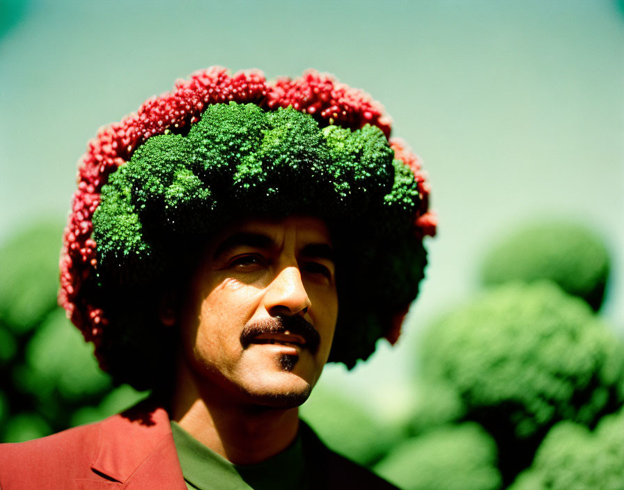 Man wearing whimsical tree hat against blue sky