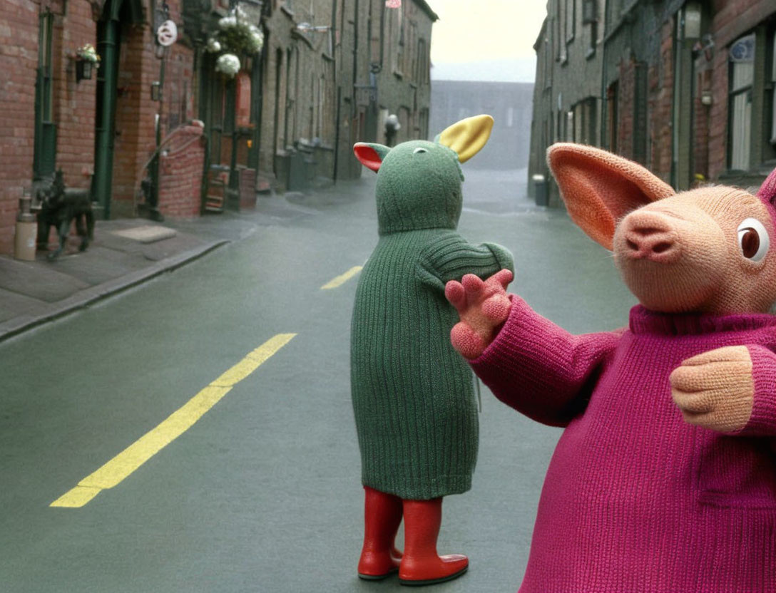 Animated characters in green and pink outfits in misty urban alleyway with a dog