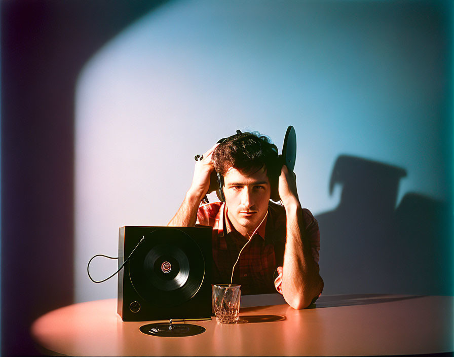 Man with headphones at record player under colorful lighting, casting shadow.