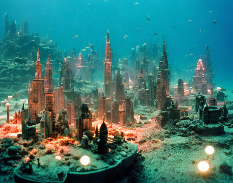 Illuminated underwater cityscape with marine life and coral