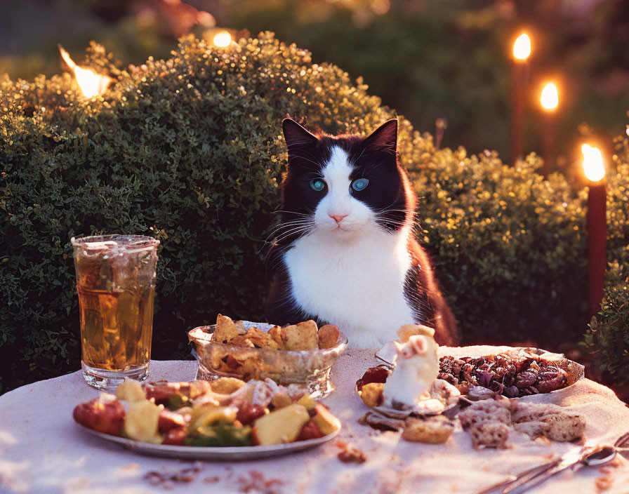 Black and white cat at candlelit dinner table with drink and salad