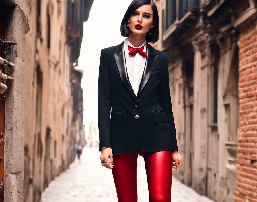 Confident woman in sharp tuxedo jacket and red leggings poses on city street