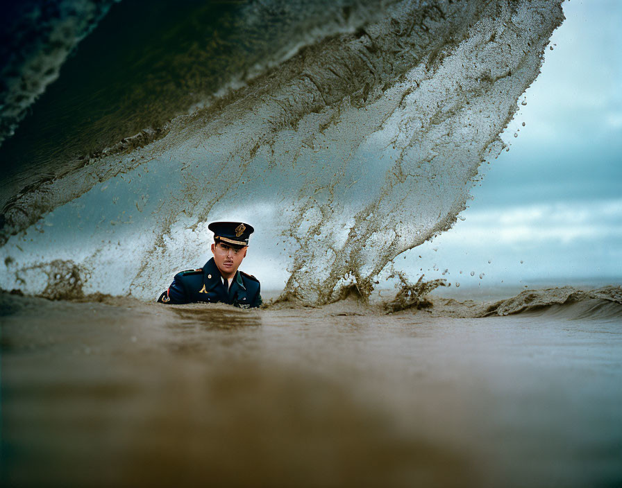 Person in Uniform Partially Submerged in Water with Dramatic Wave Crash