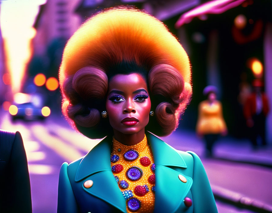 Vibrant Afro Woman Portrait in Teal Jacket on City Street