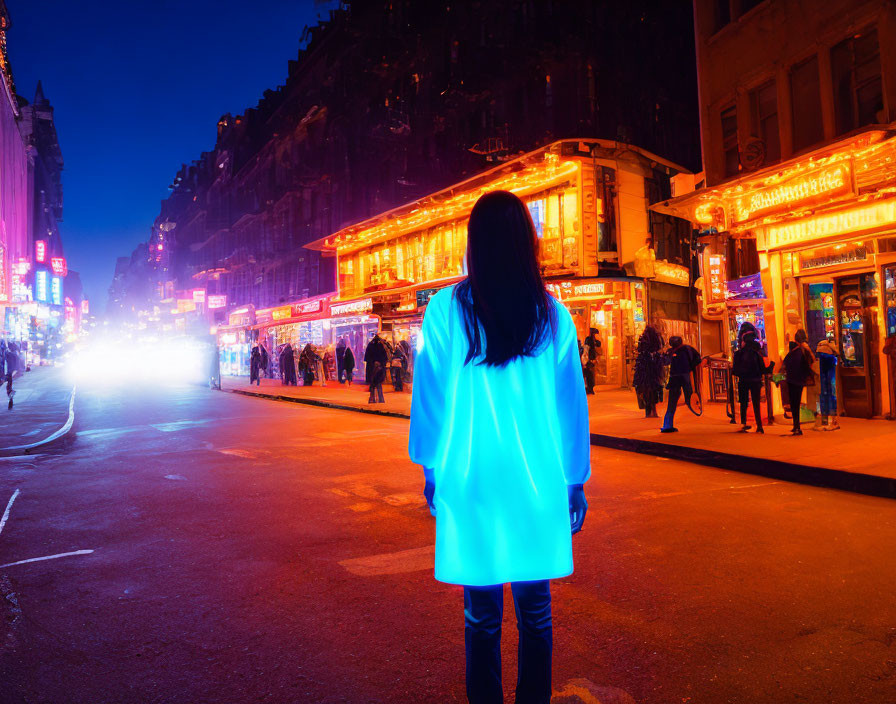 Silhouette of a person in vibrant city street at night with neon lights.