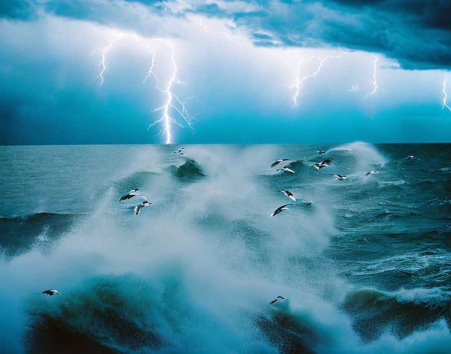 Seagulls flying over stormy sea waves with lightning bolts in dark sky