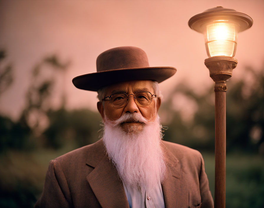 Elderly gentleman in suit and hat by lit streetlamp at dusk