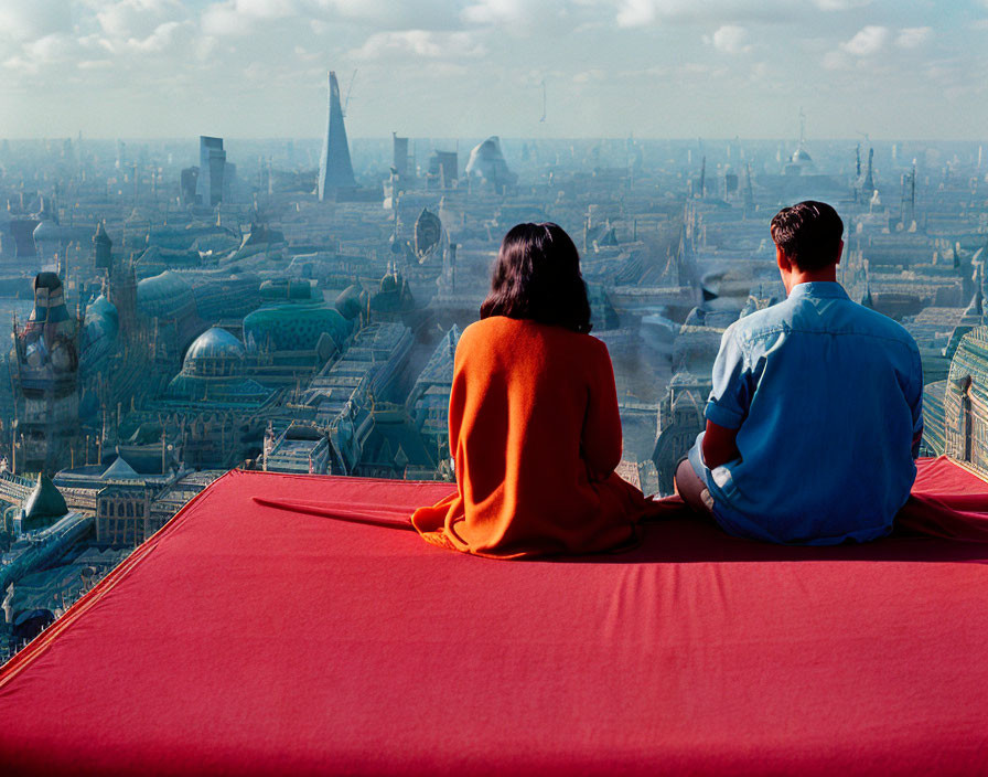 Man and woman sitting on red surface with cityscape view under clear blue sky