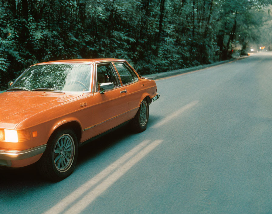 Classic Orange Car Parked on Forest Road with Sunlight Filtering