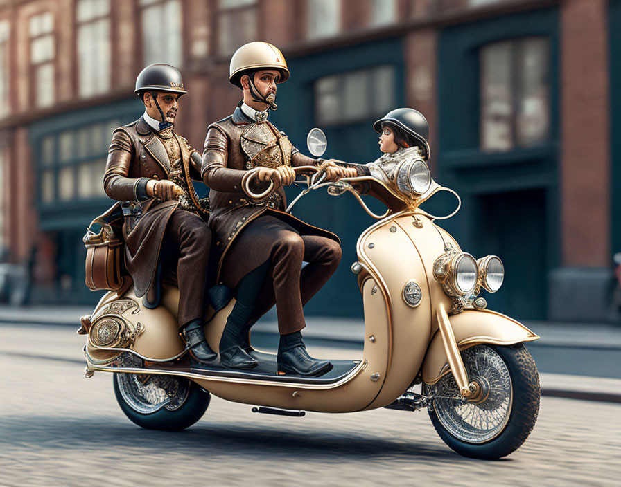 Steampunk attired trio on vintage scooter in urban setting