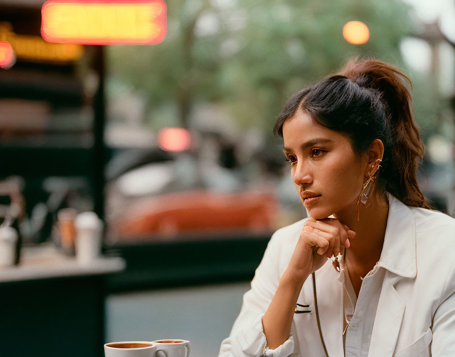 Woman in white blouse at outdoor café with coffee cup and street view.