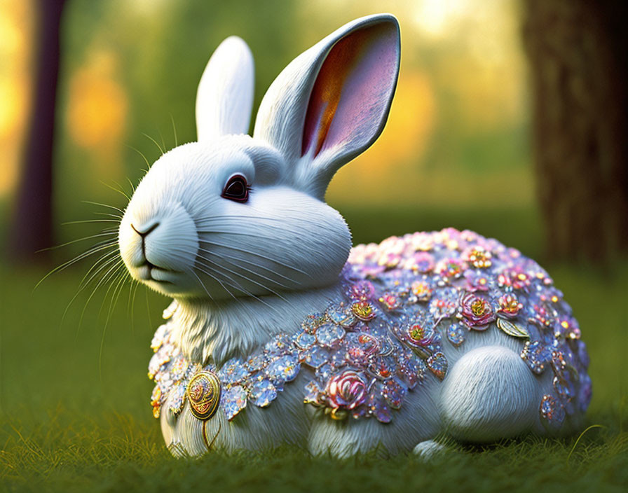 Colorful jeweled adorned white rabbit in sunlit grassy setting