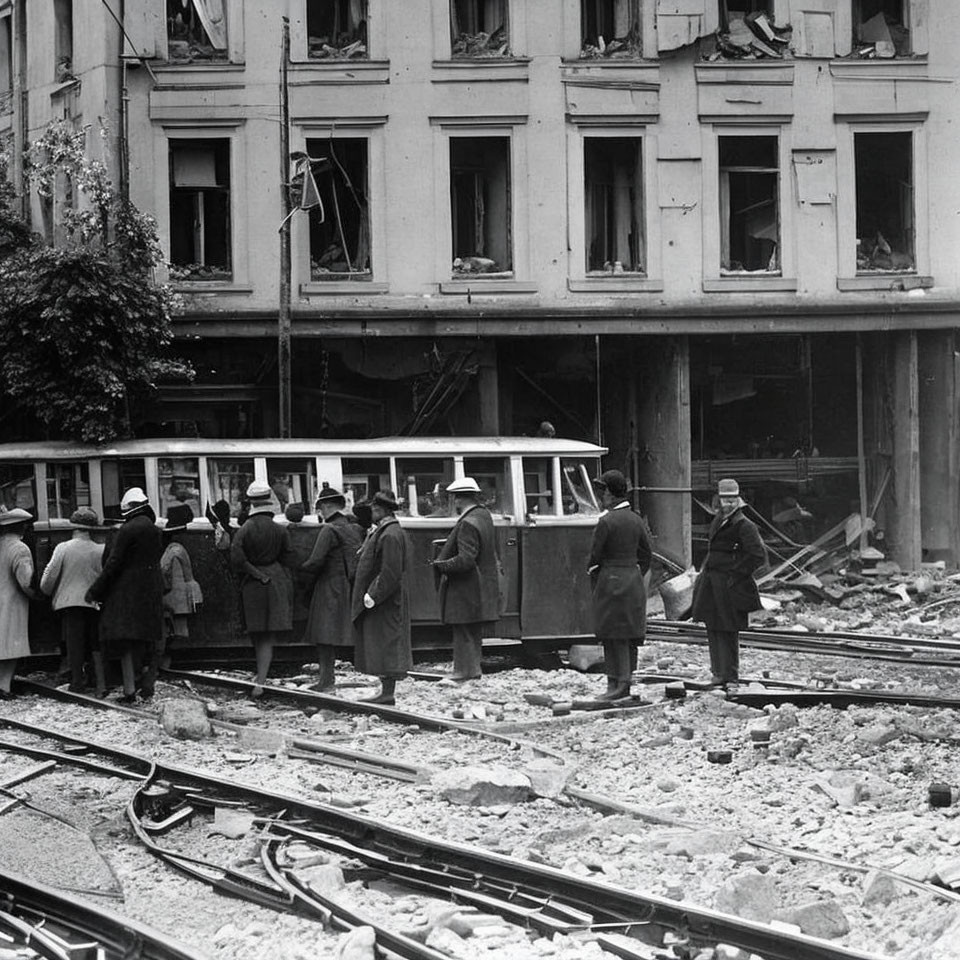 Passengers boarding tram in front of heavily damaged building