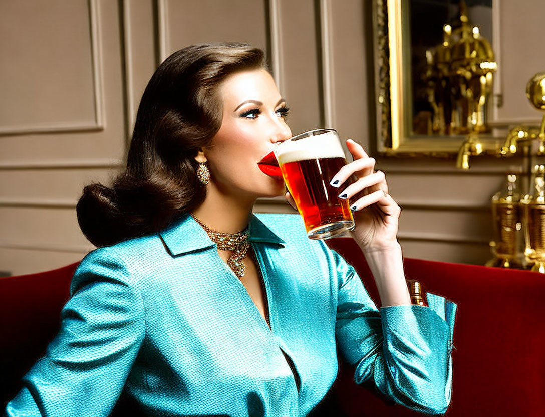 Retro style woman with wavy hair sipping beer in teal suit