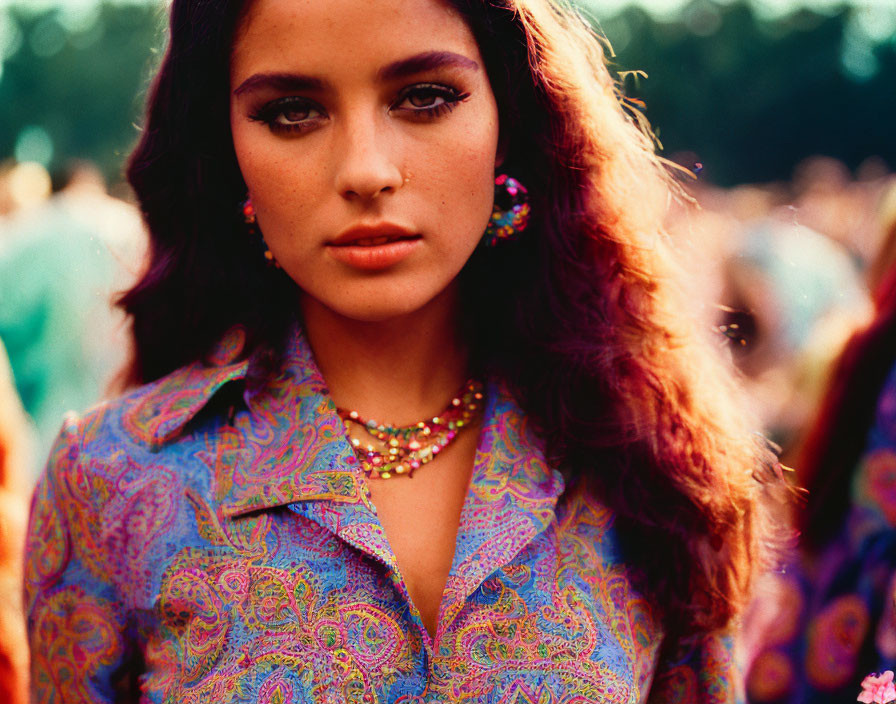 Dark-haired woman in colorful attire with paisley patterned blouse