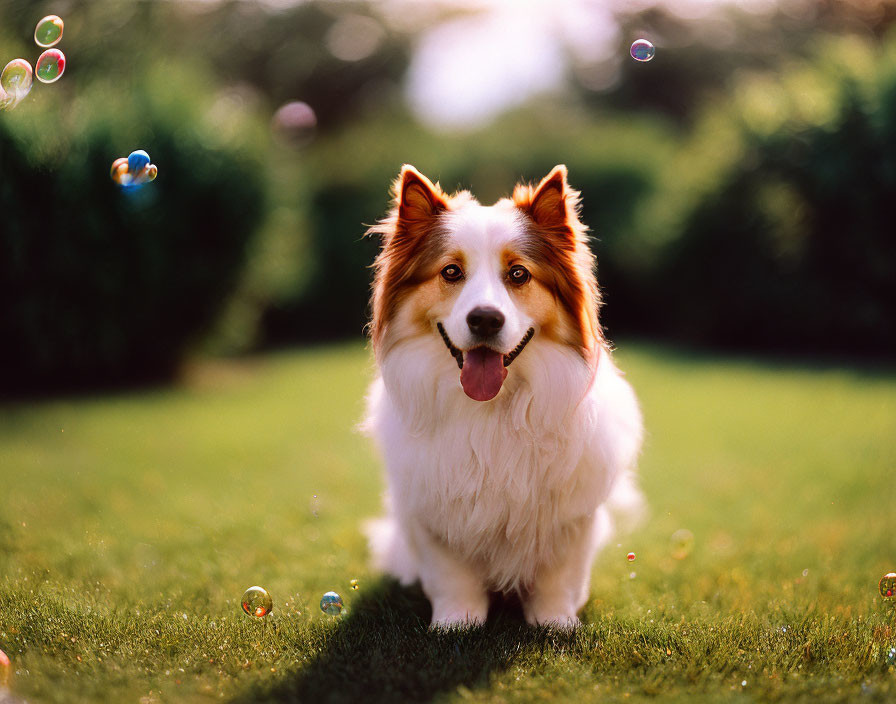 Fluffy Brown and White Dog Surrounded by Soap Bubbles on Grass