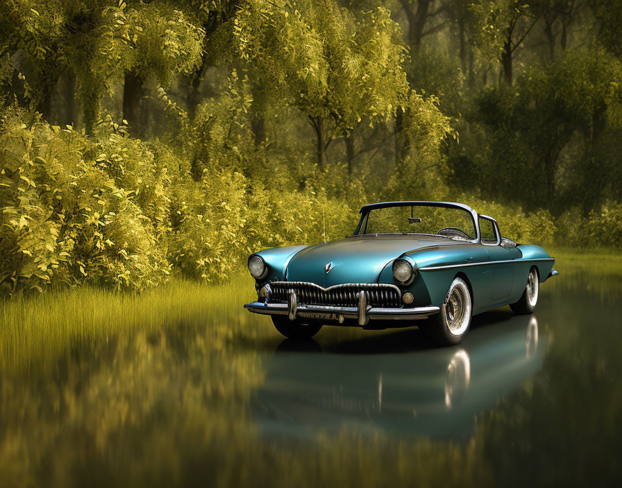 Teal classic car parked in serene forest setting