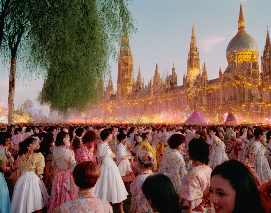 Traditional Dress Celebration Under Twilight Sky in Vibrant Gathering