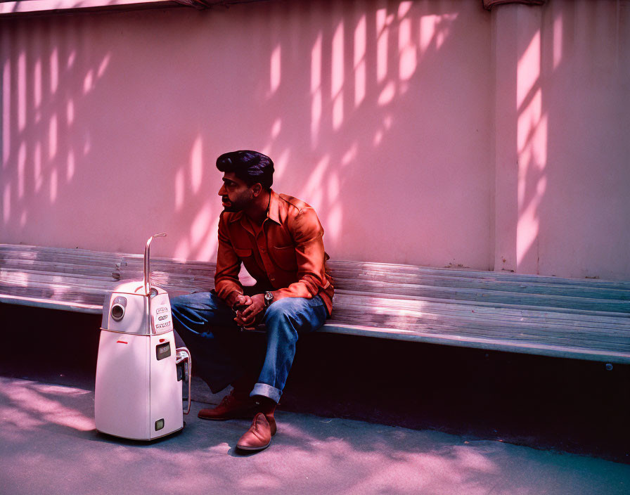 Man in beret and orange jacket sitting on bench with white suitcase, tree shadow patterns.