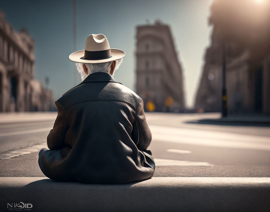 Elderly Person in Hat and Leather Jacket Sitting on Curb