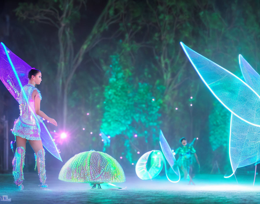 Nighttime outdoor scene with performers in fairy-like costumes and glowing orbs.