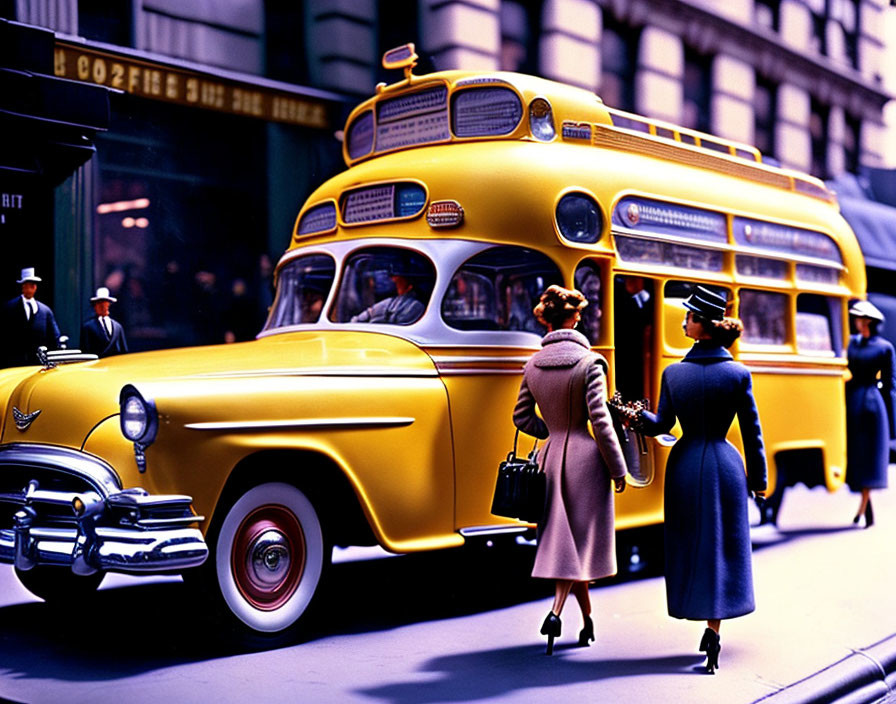 Vintage attired women walking by classic yellow bus in city street