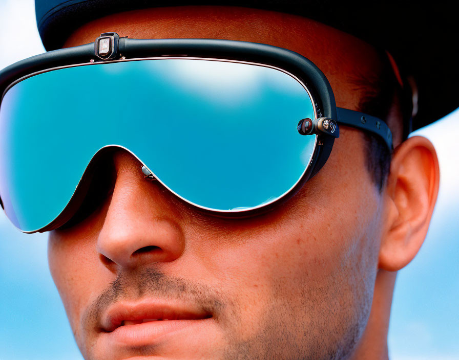 Man in Cap with Reflective Sunglasses Showing Cloud Reflection