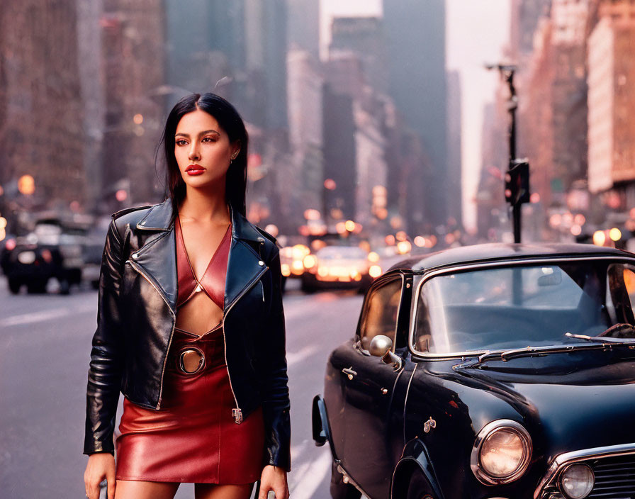 Confident woman in black leather jacket and red skirt on city street at twilight