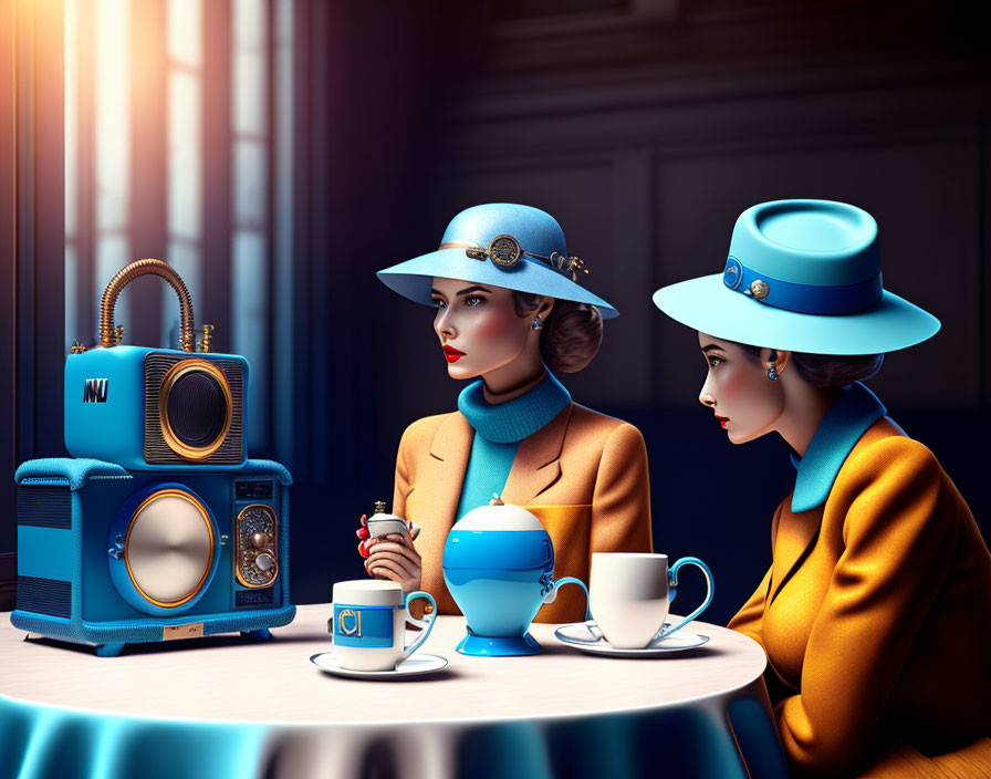 Two Women in Blue Outfits Enjoy Tea by Vintage Blue Radio