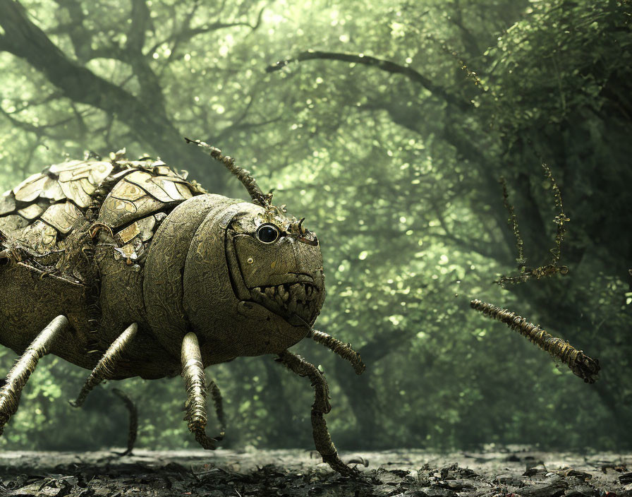 Giant hyper-realistic insect in lush forest setting