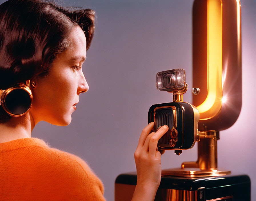 Woman in hoop earrings and orange sweater adjusting vintage camera with flashbulb.