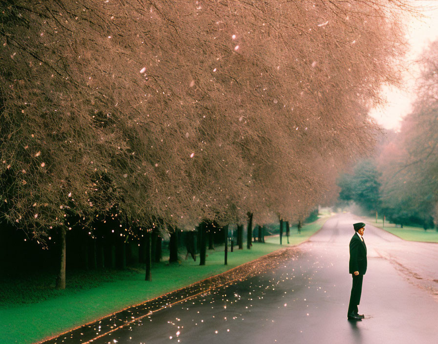 Uniformed individual on wet road surrounded by blooming pink trees.