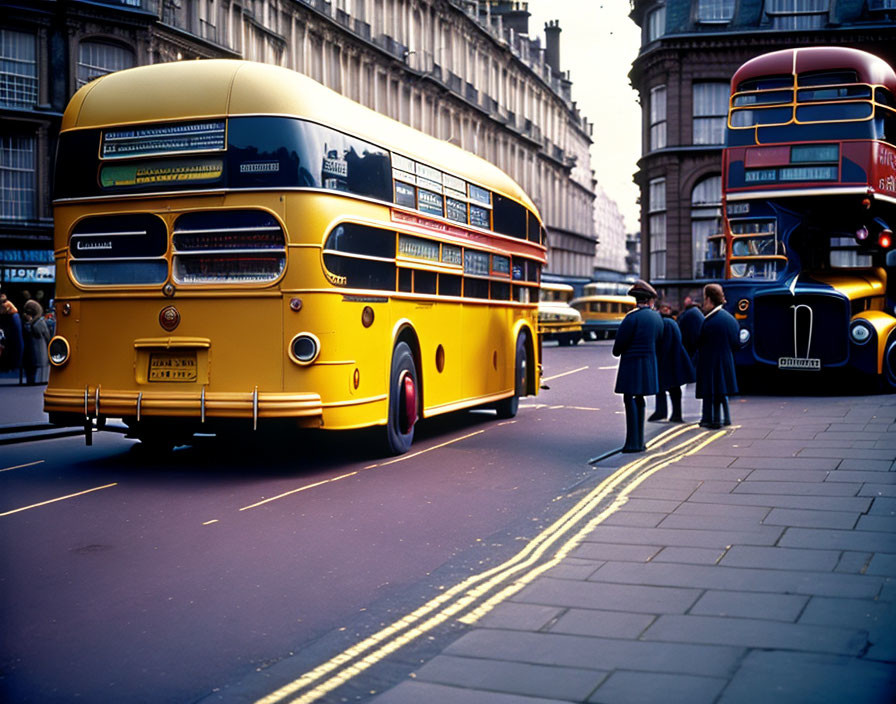 Vintage Yellow Double-Decker Bus and Black Taxi on City Street