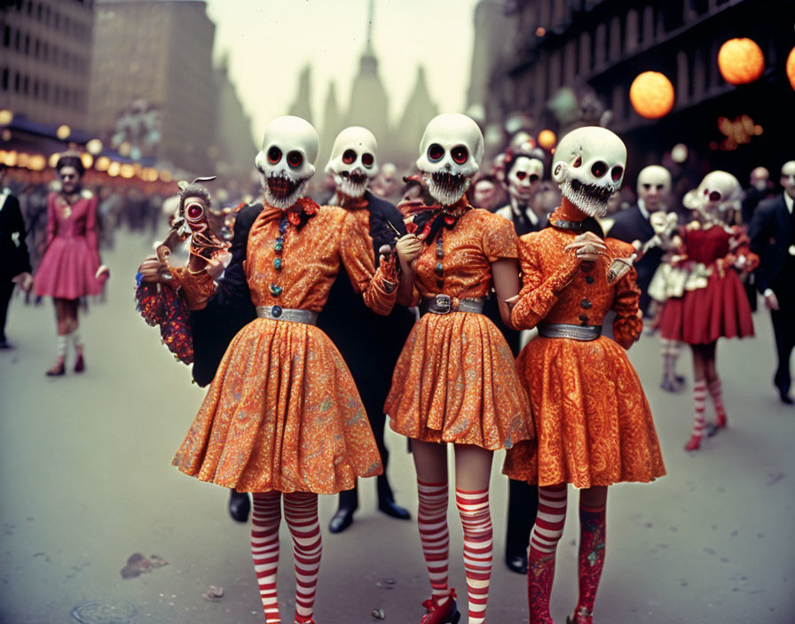 Group of five people in skull masks and orange dresses with marionette puppets against city backdrop