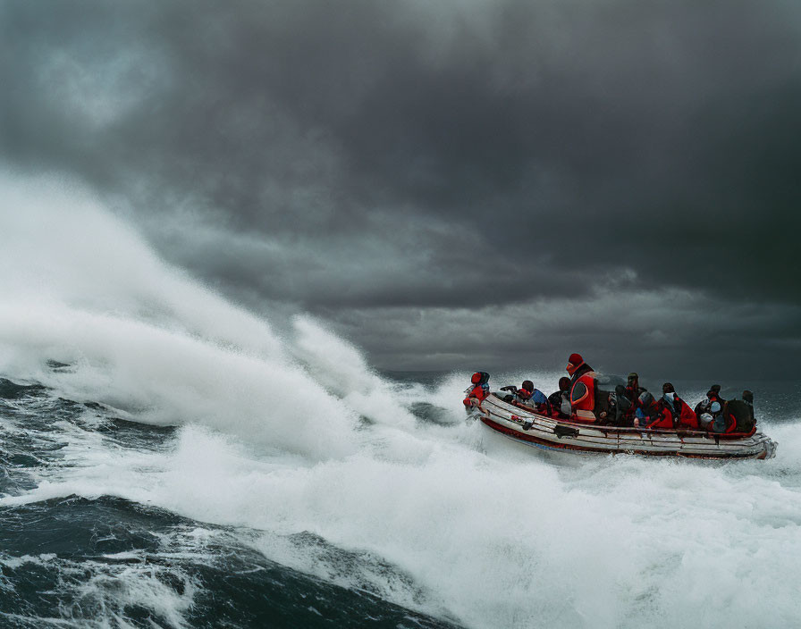 Passengers in life vests on small boat navigating rough sea waves.