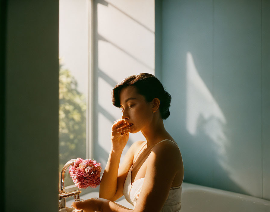 Woman in contemplation by window with sunlight and bouquet - serene atmosphere