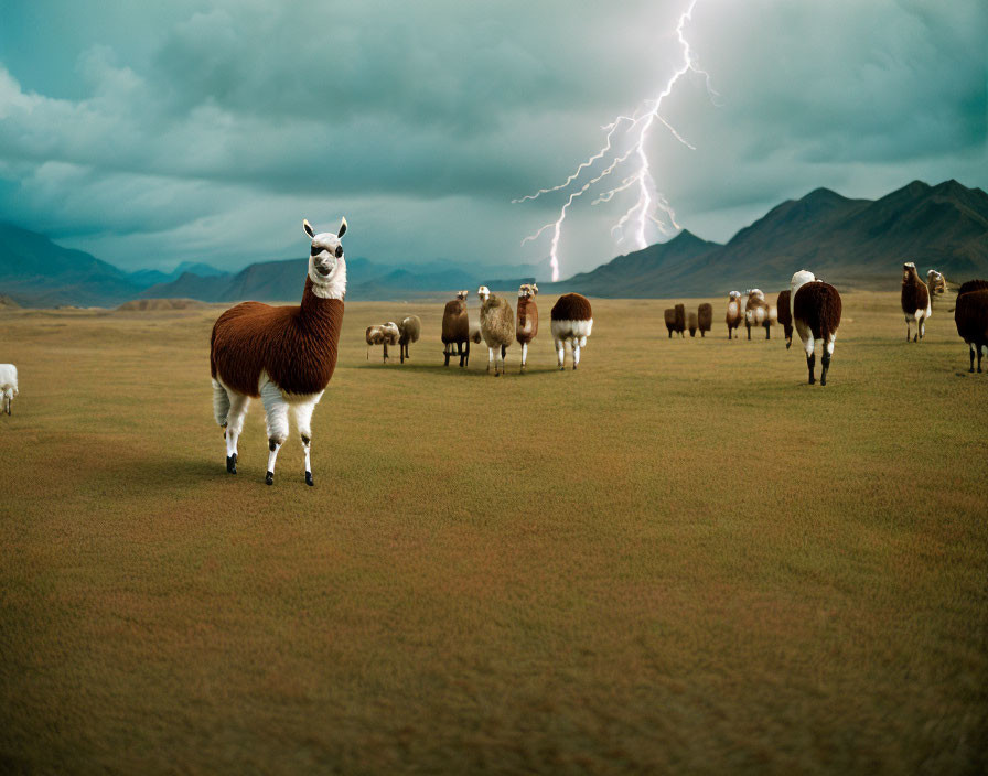 Herd of llamas in grassy field with dramatic sky and lightning