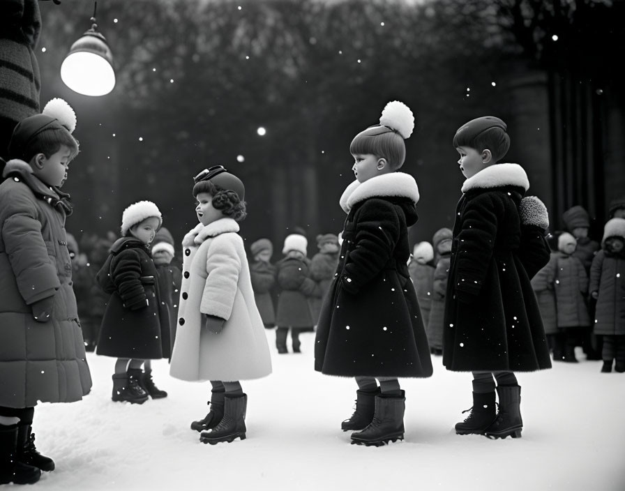 Children ice skating in winter coats and hats in black and white photo