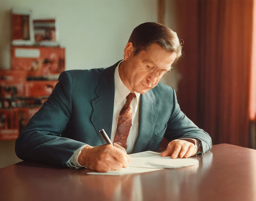 Businessman writing at desk with bookshelf in background