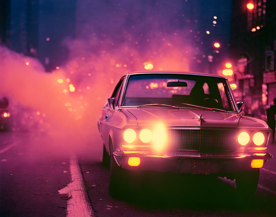 Vintage car with headlights in pink mist on city street at dusk