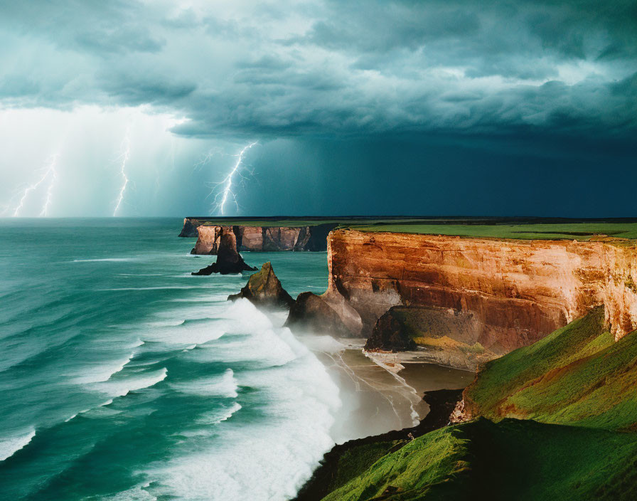 Stormy Seascape with Lightning Strikes and Coastal Cliffs