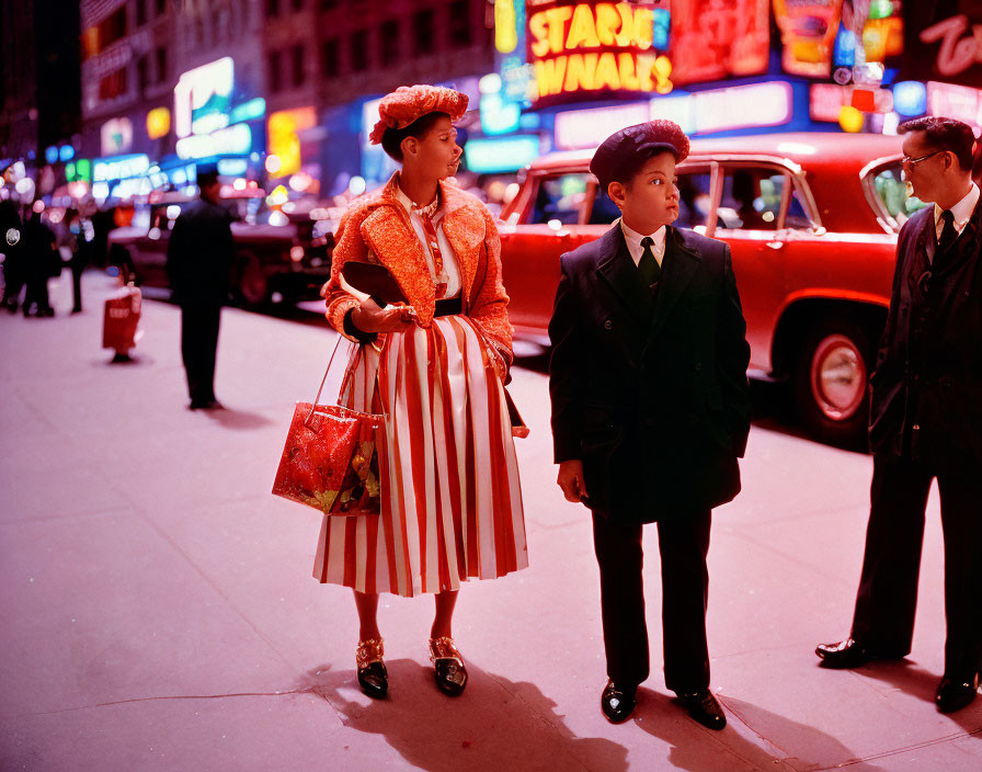 Woman in Striped Dress and Boy in Suit on Busy Night Street with Neon Signs