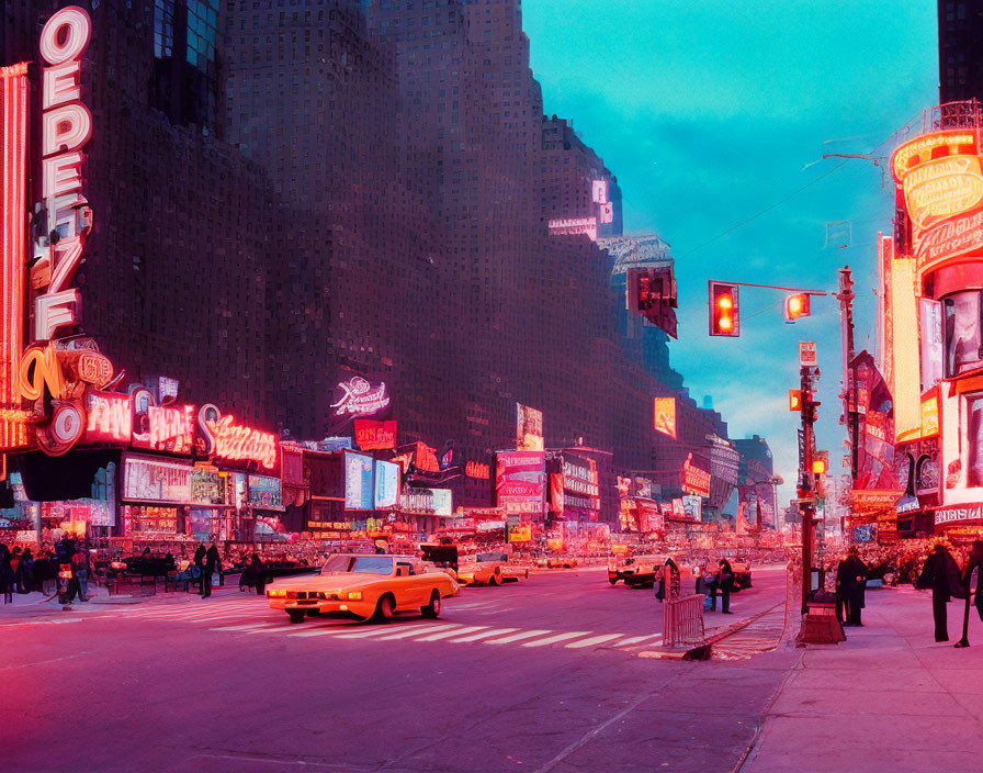 Colorful Dusk Street Scene with Neon Signs, Taxi, and Pedestrians