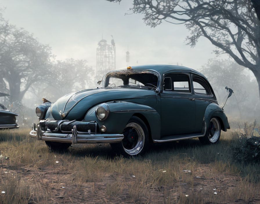 Vintage Car with Chrome Details in Misty Forest with Retro Lighthouse