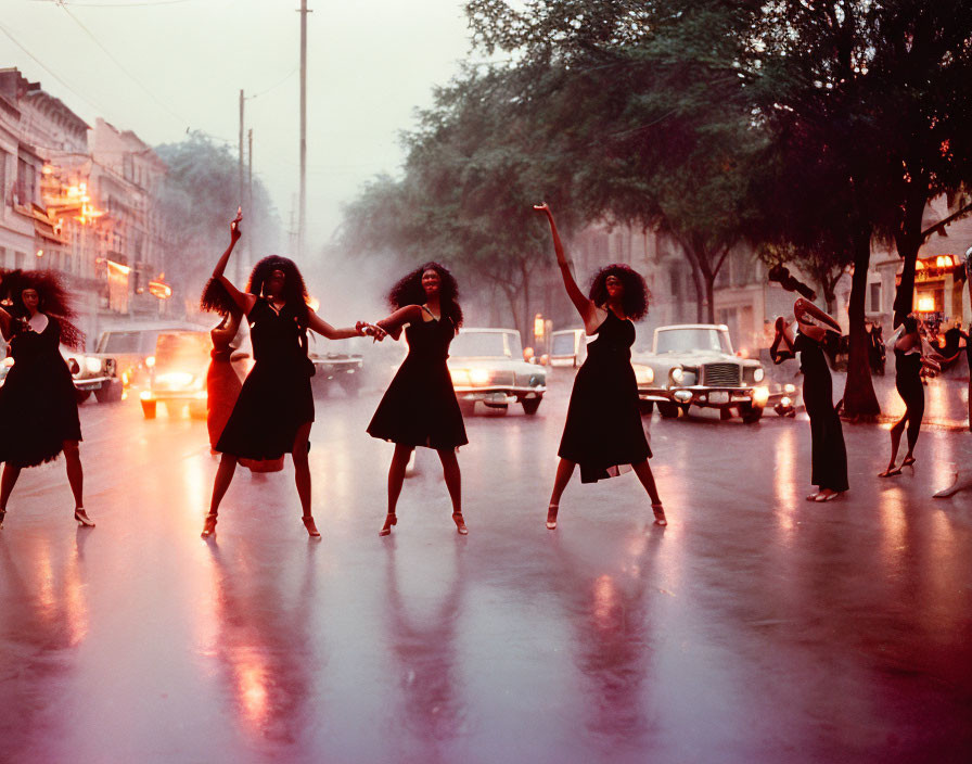 Four women dancing in wet street with vintage cars at dusk or dawn