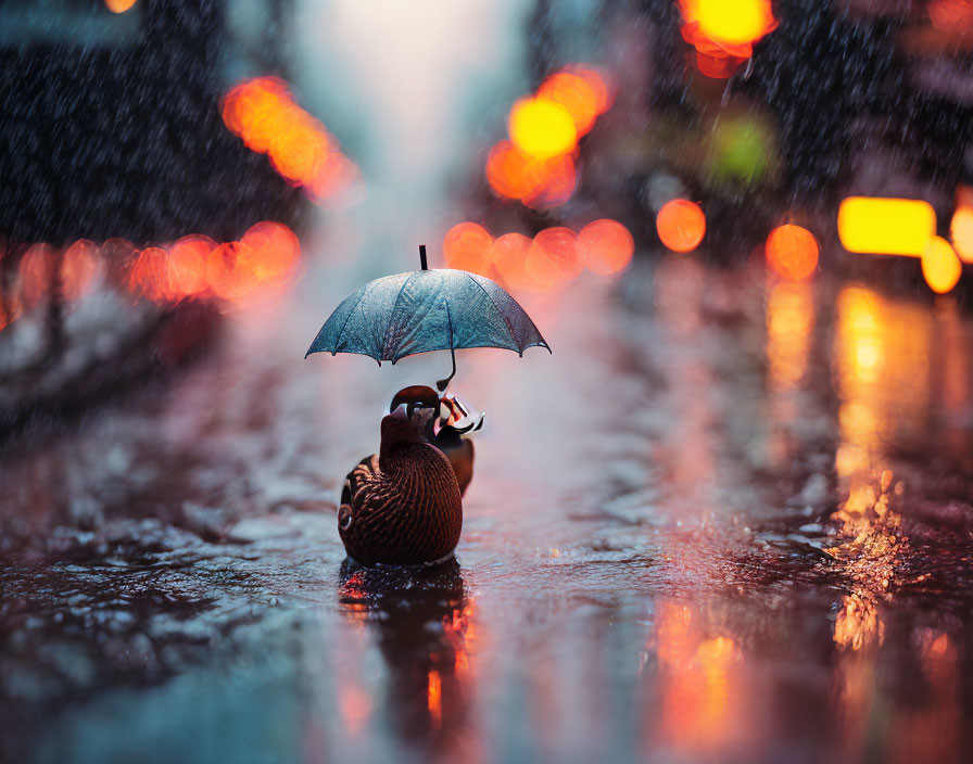 Toy duck with umbrella on wet street under orange lights and falling raindrops