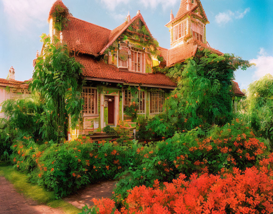 Charming cottage with red roof in lush greenery and vibrant flowers