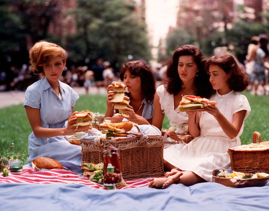 Group of Women Enjoying Picnic with Large Sandwiches in Park