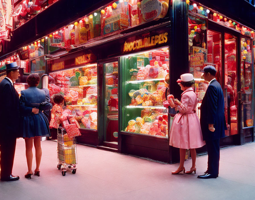 Vibrant candy store display with people admiring sweets