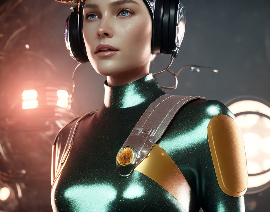 Futuristic female figure in 3D-rendered suit with headphones and communicator